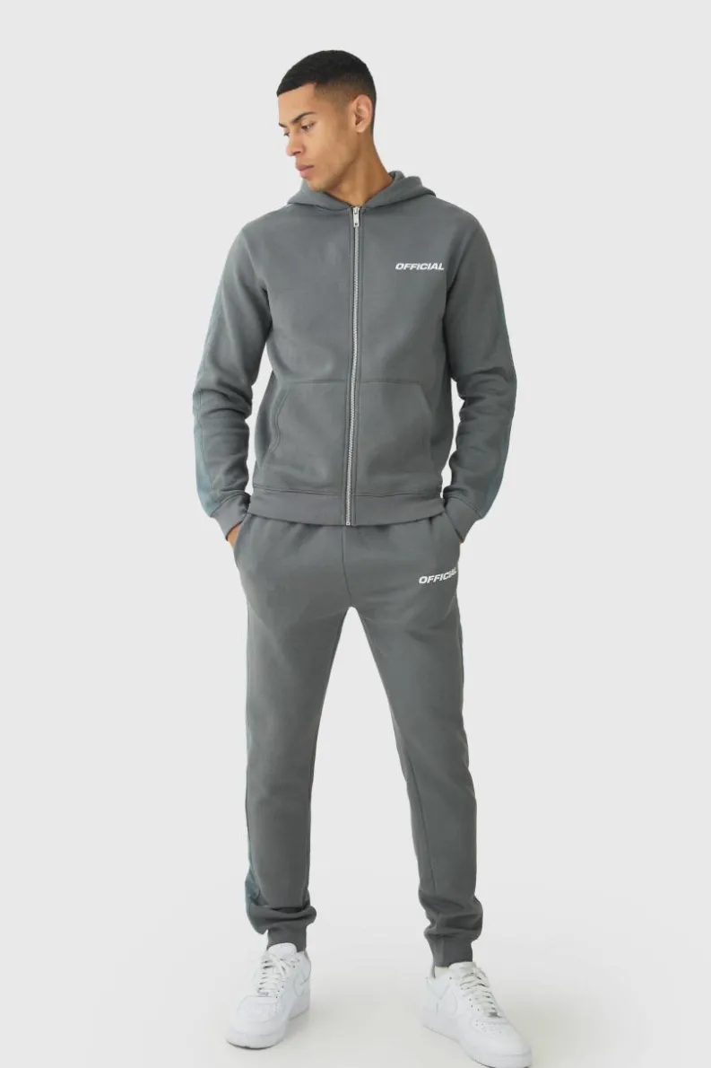 Cheap boohooMAN Slim Fit Official Zip Through Mesh Panelled Hooded Tracksuit dark grey