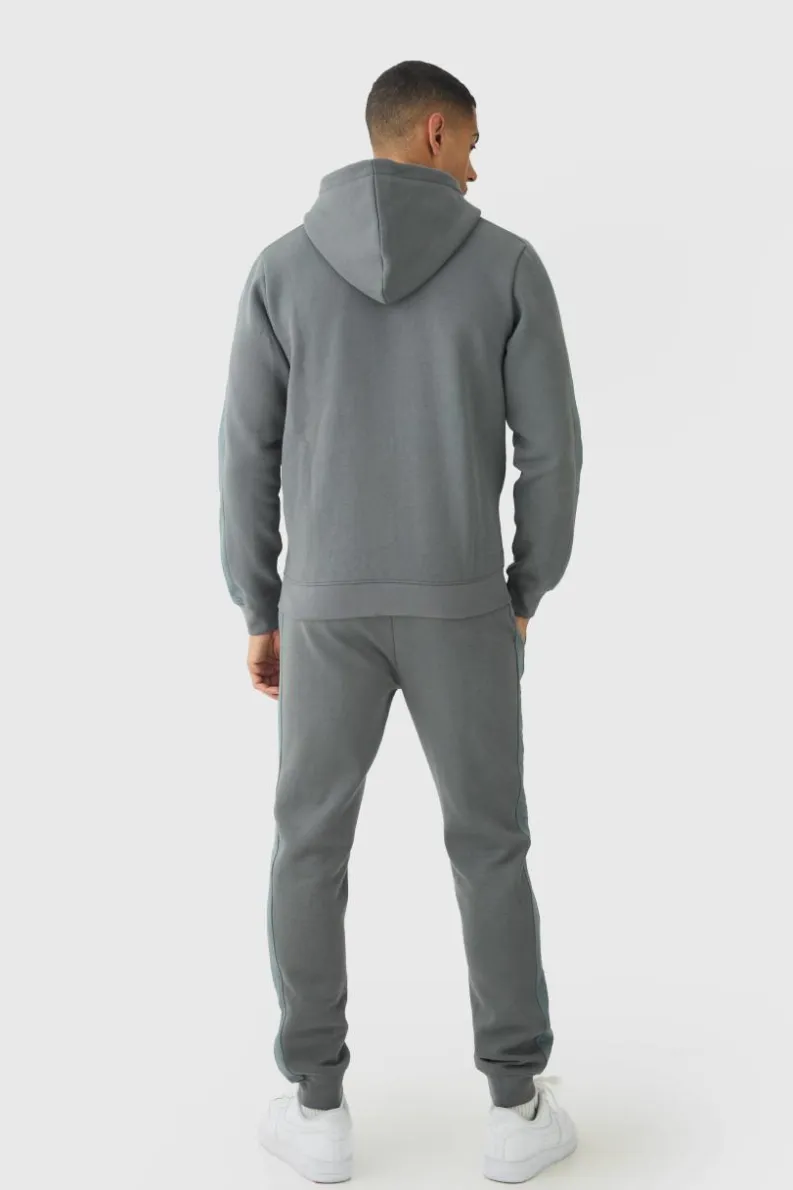 Cheap boohooMAN Slim Fit Official Zip Through Mesh Panelled Hooded Tracksuit dark grey