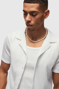 Cheap boohooMAN Slim Fit Pleated Revere Shirt white
