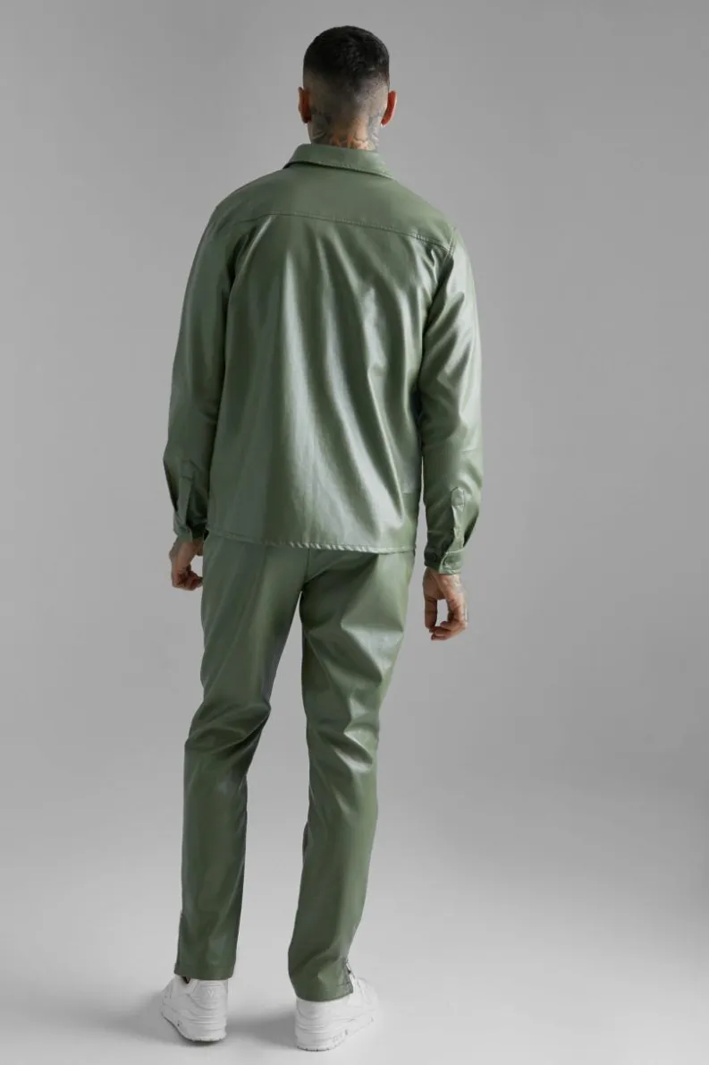 Clearance boohooMAN Slim Fit Pu Trousers khaki