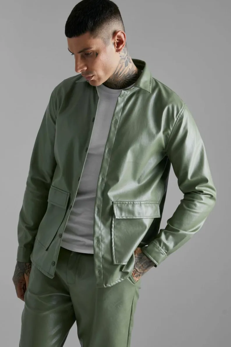 Clearance boohooMAN Slim Fit Pu Trousers khaki