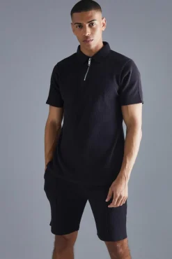 Flash Sale boohooMAN Slim Fit Waffle Polo & Short Set black