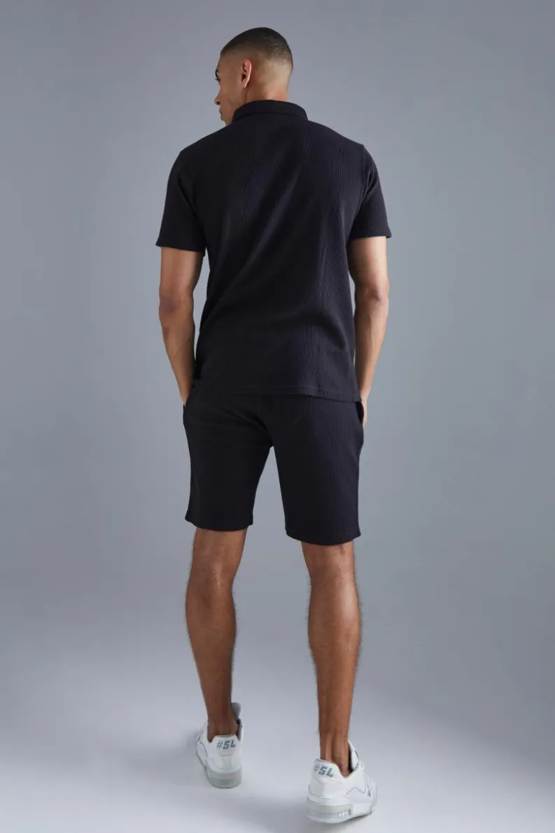 Flash Sale boohooMAN Slim Fit Waffle Polo & Short Set black