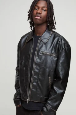 Flash Sale boohooMAN Slim Fit Washed PU Harrington Jacket In black