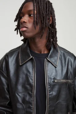 Flash Sale boohooMAN Slim Fit Washed PU Harrington Jacket In black