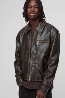 Outlet boohooMAN Slim Fit Washed PU Harrington In khaki