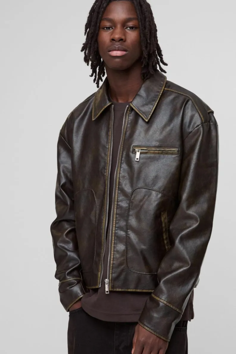 Outlet boohooMAN Slim Fit Washed PU Harrington In khaki