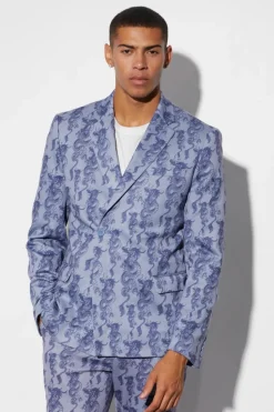 Clearance boohooMAN Slim Fit Wrap Dragon Printed Suit Jacket ice blue