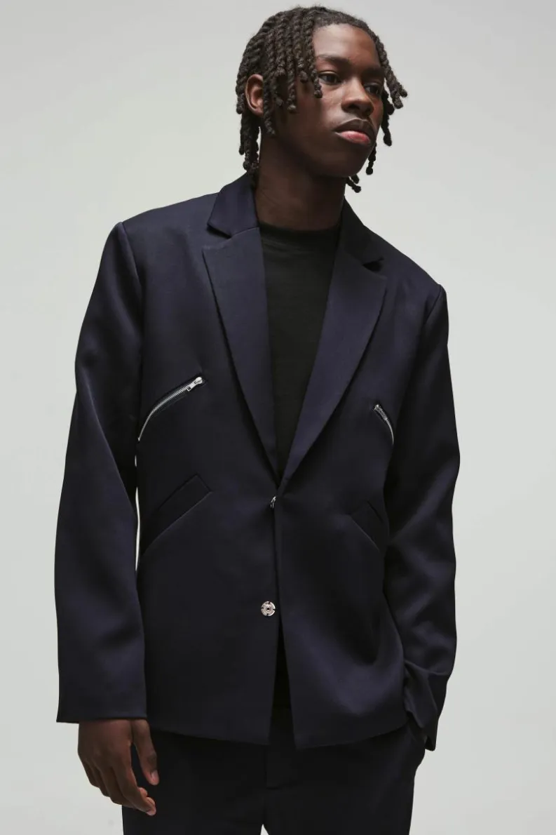 Best boohoo Slim Fit Zip Detail Suit navy