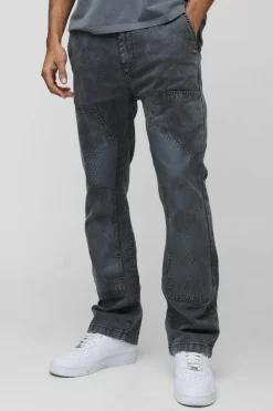 Clearance boohooMAN Slim Flare Acid Wash Twill Printed Carpenter Trousers dark grey