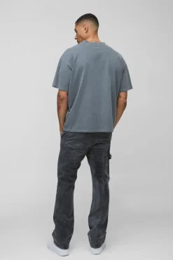 Clearance boohooMAN Slim Flare Acid Wash Twill Printed Carpenter Trousers dark grey