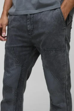 Clearance boohooMAN Slim Flare Acid Wash Twill Printed Carpenter Trousers dark grey