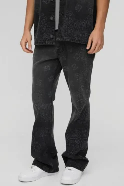 Best Sale boohooMAN Slim Flared Bandana Laser Print Jeans black