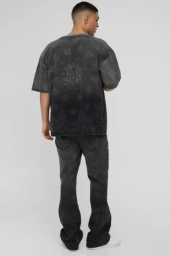 Best Sale boohooMAN Slim Flared Bandana Laser Print Jeans black