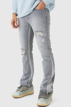 New boohooMAN Slim Flare Distressed Gusset Panel Jeans light grey