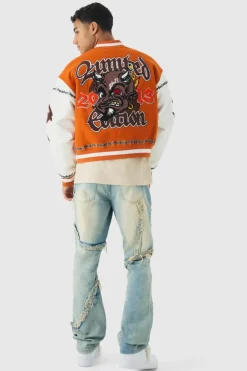 Online boohooMAN Slim Flared Patchwork Distressed Bleached Jeans light blue