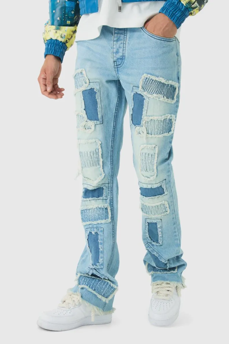 Sale boohooMAN Slim Flared Stacked Rip & Repair Stitch Jeans light blue