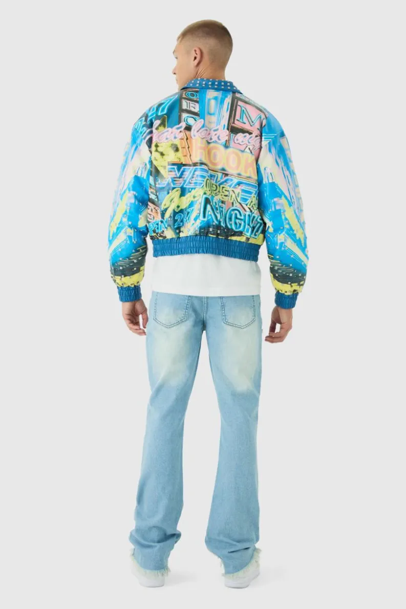 Sale boohooMAN Slim Flared Stacked Rip & Repair Stitch Jeans light blue