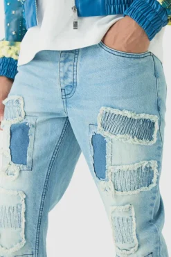 Sale boohooMAN Slim Flared Stacked Rip & Repair Stitch Jeans light blue