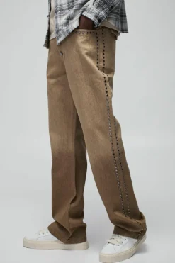 Cheap boohooMAN Slim Flare Silver Studded Jeans ecru