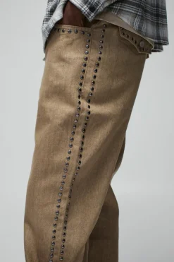Cheap boohooMAN Slim Flare Silver Studded Jeans ecru