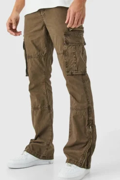 Cheap boohooMAN Slim Flare Zip Gusset Overdye Acid Wash Cargo Trouser chocolate