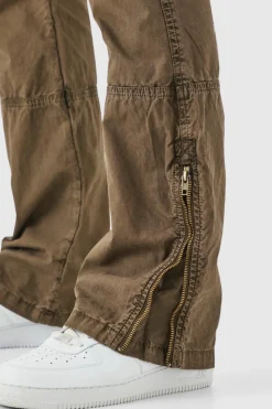Cheap boohooMAN Slim Flare Zip Gusset Overdye Acid Wash Cargo Trouser chocolate