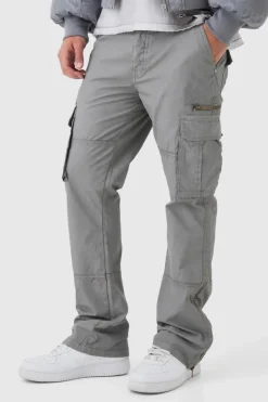 Online boohooMAN Slim Flare Zip Gusset Overdye Acid Wash Cargo Trousers slate