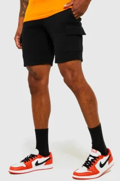Hot boohooMAN Slim Mid Cargo Jersey Short black