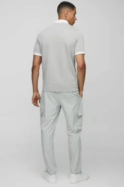 Outlet boohooMAN Slim Panelled Zip Neck Interlock Polo white