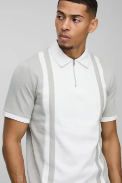 Outlet boohooMAN Slim Panelled Zip Neck Interlock Polo white
