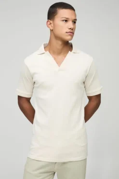 New boohooMAN Slim Rib Revere Polo ecru