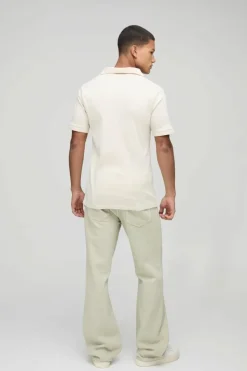 New boohooMAN Slim Rib Revere Polo ecru