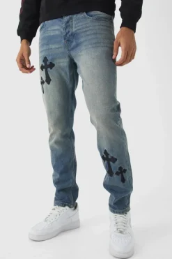 New boohooMAN Slim Rigid Cross Embroidered Jeans antique blue