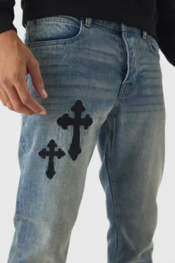 New boohooMAN Slim Rigid Cross Embroidered Jeans antique blue