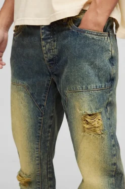 Flash Sale boohooMAN Slim Rigid Flare Carpenter Ripped Gusset Denim Jeans green