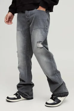 Store boohooMAN Slim Rigid Flare Carpenter Ripped Gusset Denim Jeans light grey