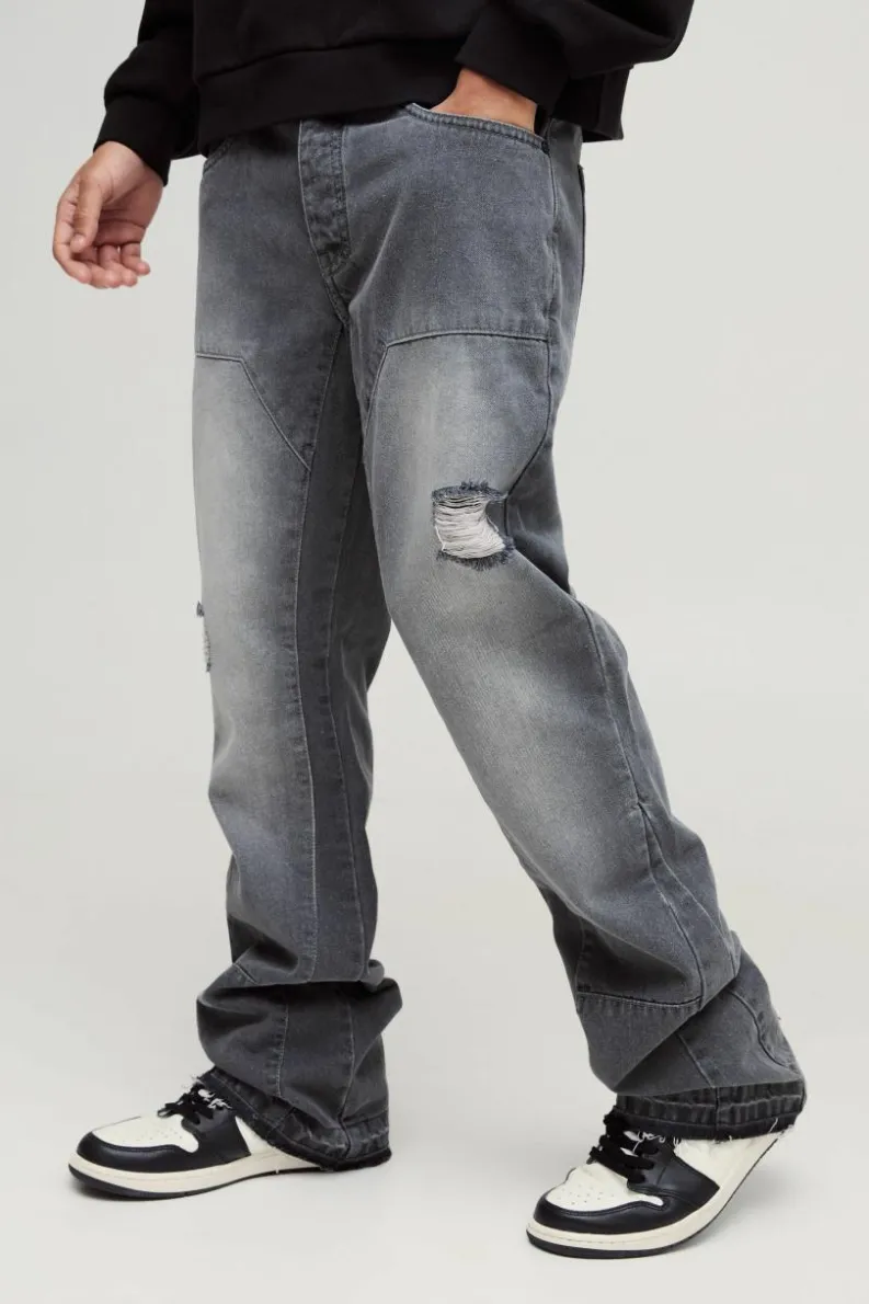 Store boohooMAN Slim Rigid Flare Carpenter Ripped Gusset Denim Jeans light grey