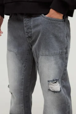 Store boohooMAN Slim Rigid Flare Carpenter Ripped Gusset Denim Jeans light grey