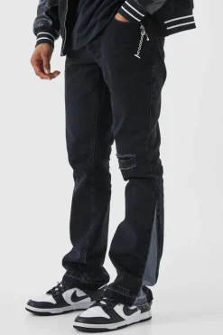 Store boohooMAN Slim Rigid Flare Contrast Gusset Rip Jeans washed black