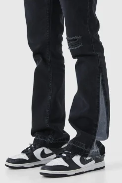 Store boohooMAN Slim Rigid Flare Contrast Gusset Rip Jeans washed black