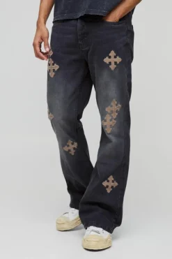 Fashion boohooMAN Slim Rigid Flare Cross Embroidered Jeans charcoal