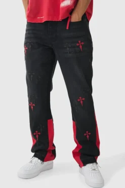 Hot boohooMAN Slim Rigid Flare Cross Pu Applique Washed Jeans washed black