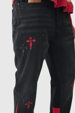 Hot boohooMAN Slim Rigid Flare Cross Pu Applique Washed Jeans washed black