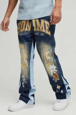 Store boohooMAN Slim Rigid Flared Carpenter Varsity Badge Gusset Jeans vintage wash