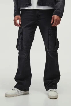 Sale boohooMAN Slim Rigid Flared Gusset Cargo Smart Jeans washed black