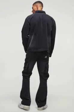 Sale boohooMAN Slim Rigid Flared Gusset Cargo Smart Jeans washed black