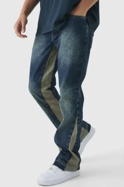 Cheap boohooMAN Slim Rigid Flare Distressed Gusset Panel Acid Washed Denim Jeans vintage wash