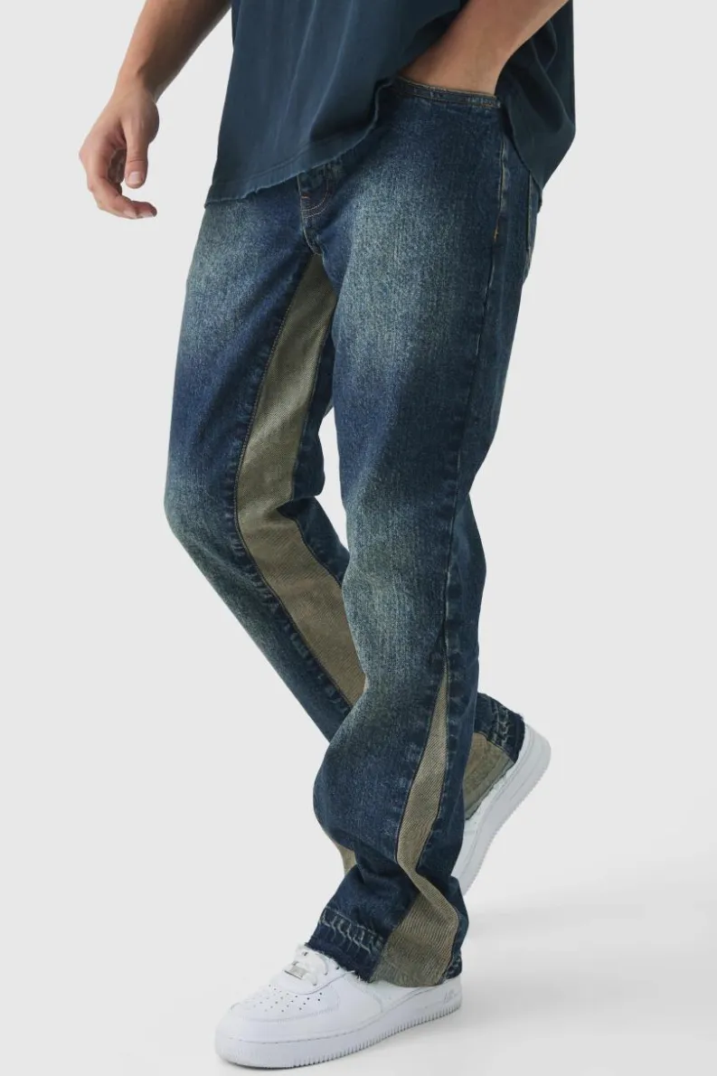 Cheap boohooMAN Slim Rigid Flare Distressed Gusset Panel Acid Washed Denim Jeans vintage wash