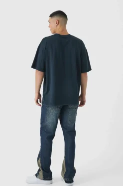 Cheap boohooMAN Slim Rigid Flare Distressed Gusset Panel Acid Washed Denim Jeans vintage wash